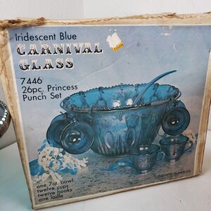Indiana Glass Iridescent Blue Carnival Glass Princess Punch Set 7446